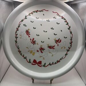 Vtg~1980s Christmas Countgry Geese~15" Round Hard Plastic Serving Platter~IOB